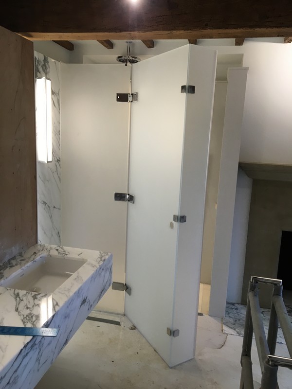 Bespoke frosted glass shower enclosure in Purley luxury bathroom